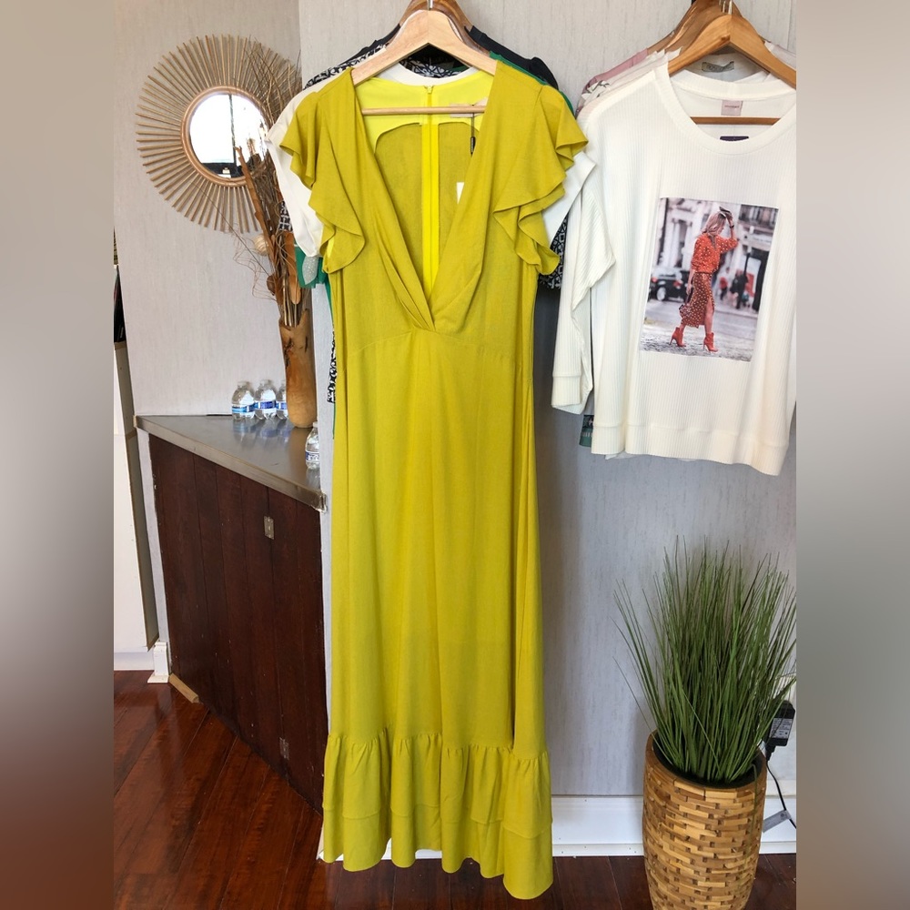 Green V neck midi dress.